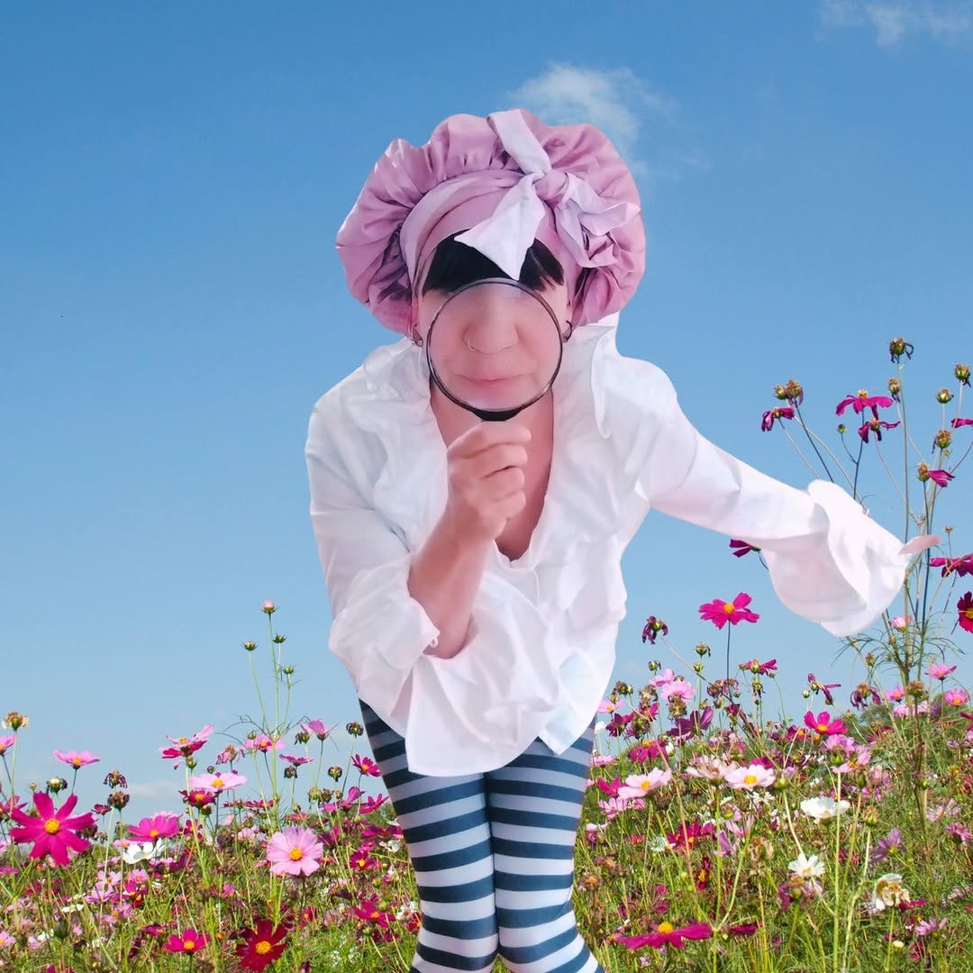 A picture of Scarlet Vikki standing in a brightly coloured meadow, holding a magnifying glass A picture of Scarlet Vikki standing in a brightly coloured meadow, holding a magnifying glass