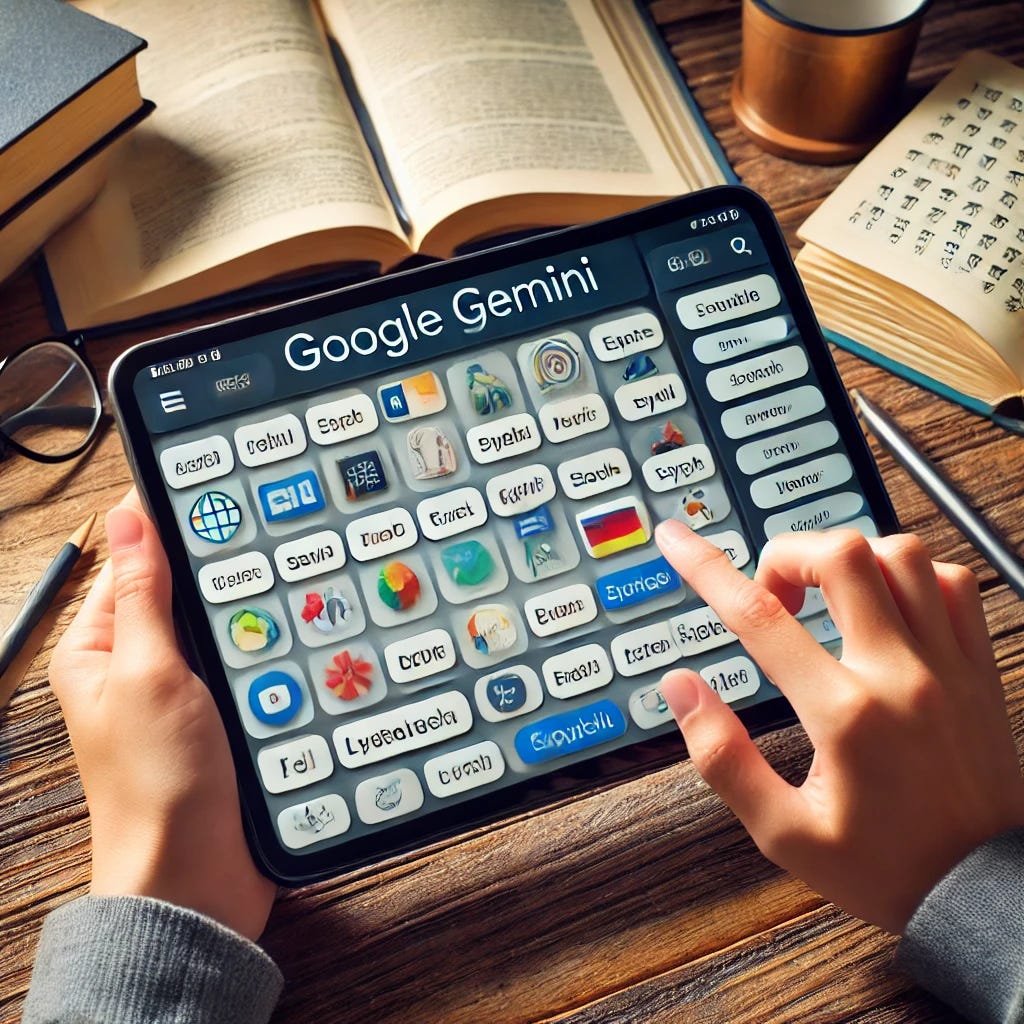 An educational scene where a student uses Google Gemini on a tablet for multimodal learning. The screen displays a combination of text, images, and multilingual translations, surrounded by books and learning materials.