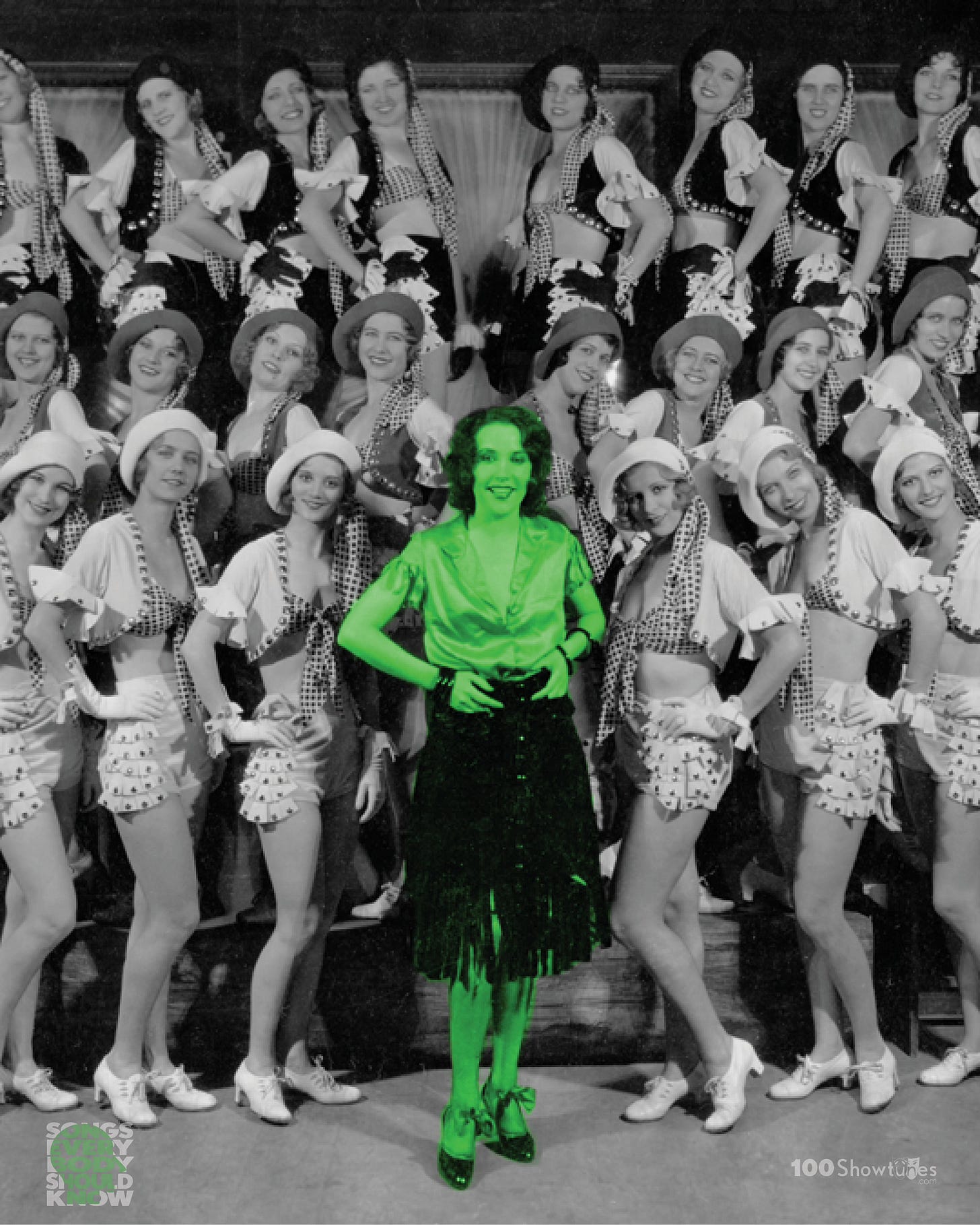 A tinted photo of a Ethel Merman and company in the original Broadway production of Girl Crazy by George and Ira Gershwin, Guy Bolton, and John McGowan.