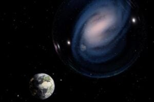 Artistic representation of the spiral barred galaxy ceers-2112, observed in the early universe. The Earth is reflected on an illusive bubble surrounding the galaxy, recalling the connection between the Milky Way and ceers-2112.
