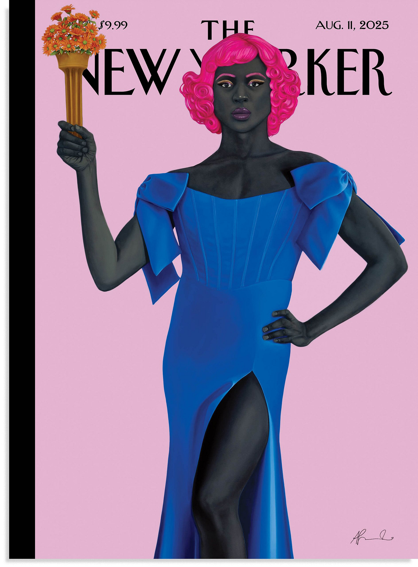 The illustrated cover of the August 11 2025 issue of The New Yorker in which a trans woman poses as the Statue of Liberty.