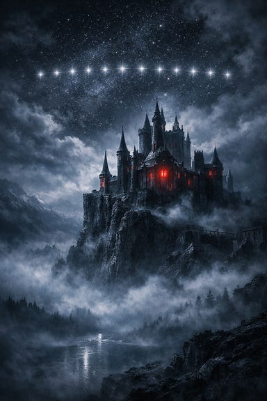 Castle Ravenloft beneath thirteen aligned stars, fortress rising like a jagged crown from its cliff, towers piercing swirling mist, cold silver starlight illuminating black stone, valley drowned in fog, faint red glow in windows hinting at the Heart of Sorrows, stolen sky looming over a kingdom of eternal night