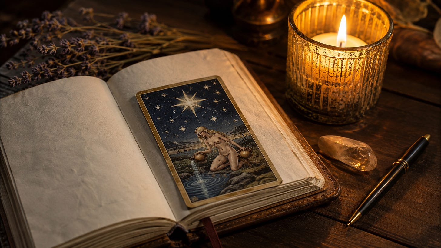 A tarot card resting on the open pages of an old book, beside a lit candle in a glass holder.