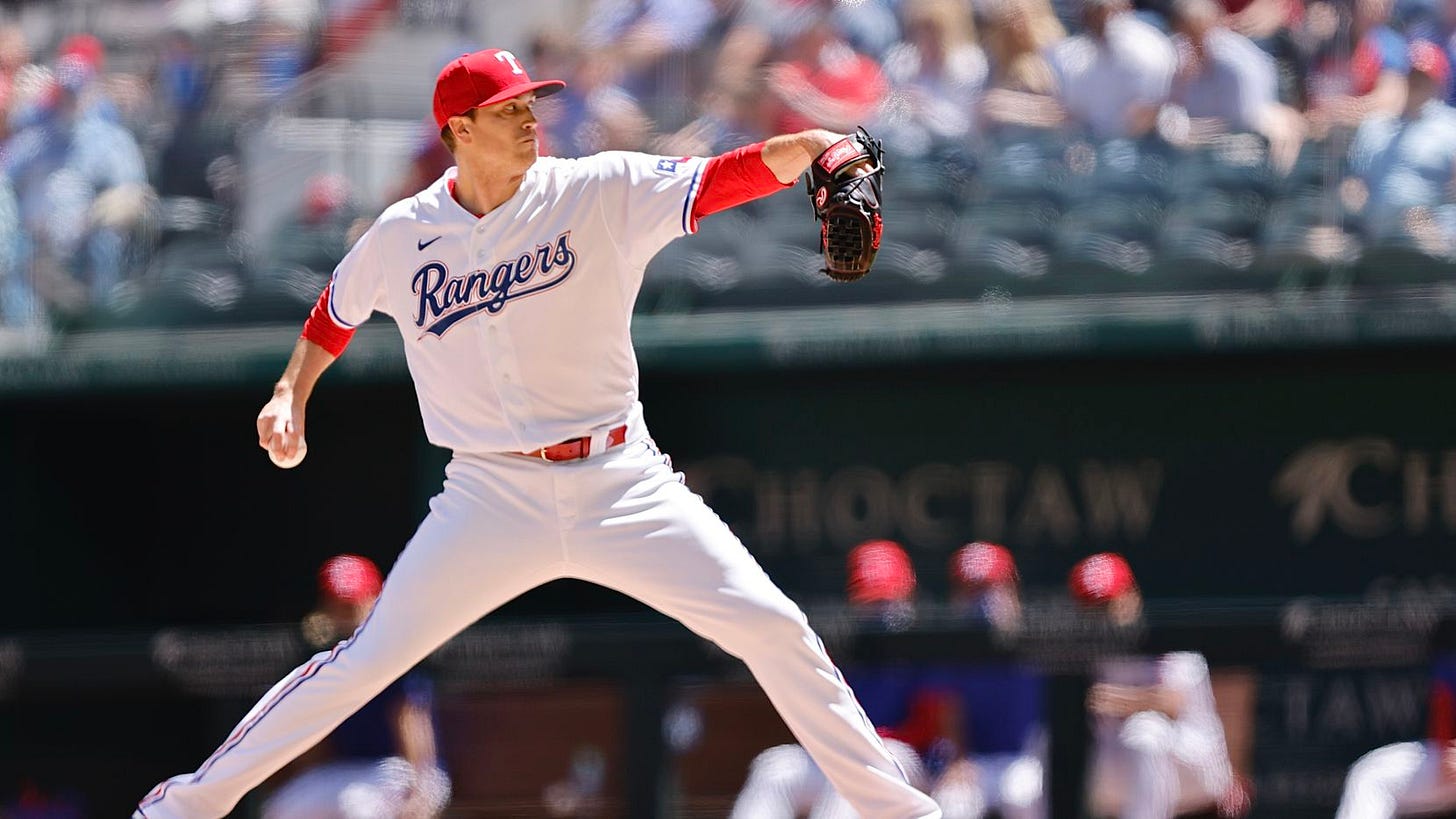 Texas Rangers starting pitcher Kyle Gibson throws against the Toronto Blue Jays in the first inning at Globe Life Field in Arlington, Wednesday, April 8, 2021.