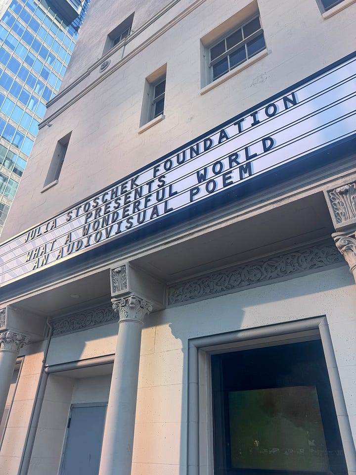 Interior and exterior shots of the Variety Arts Theater in Downtown Los Angeles featuring over 100 audio visual works from over a century around the world