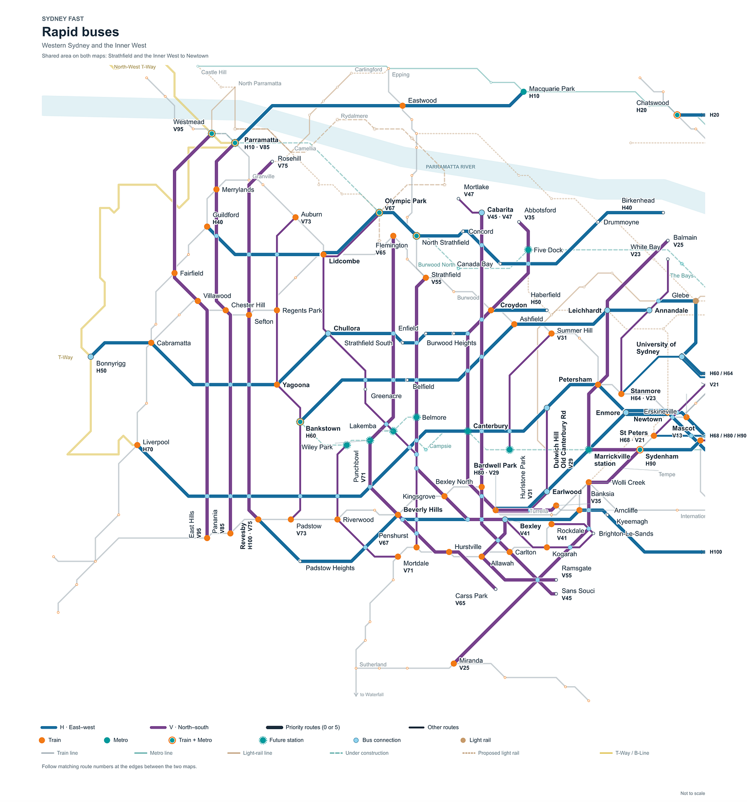 Figure 5. Rapid buses: Western Sydney and the Inner West. Route numbers mark continuations at the map edge.