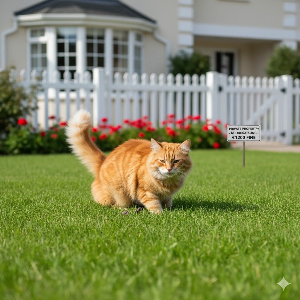 An orange cat squatting on a perfectly manicured lawn, seemingly about to defecate, with a 'Private Property - No Trespassing - €1200 Fine' sign prominently displayed in the background.. www.thealmightygob.com