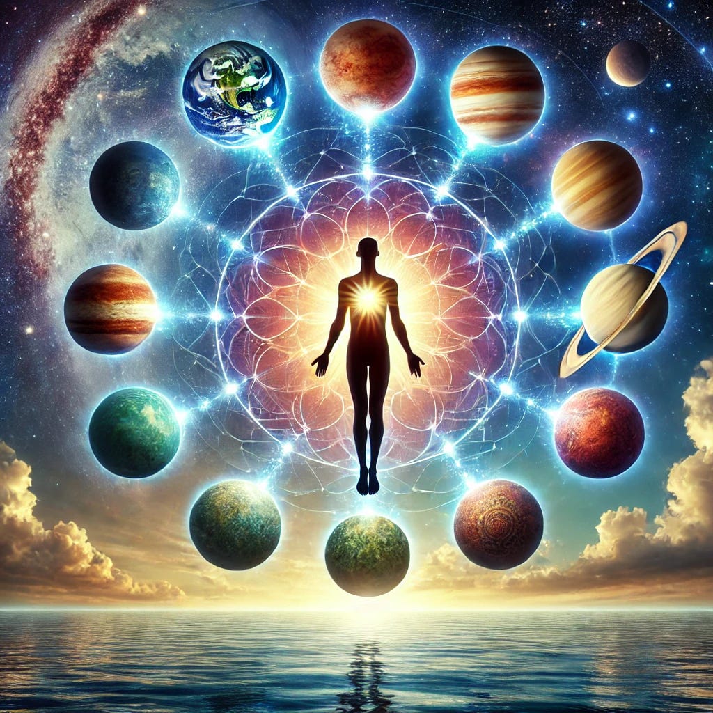 A silhouette figure floating in a sleeping posture, surrounded by nine planets and other heavenly bodies emitting unique rays, symbolizing cosmic influences on longevity and spirituality. The glowing lamp on the figure's chest represents inner illumination. The serene background features a real-life ocean and vibrant sky, blending cosmic and natural elements. The image is part of an article titled Death Prediction in Astrology: Understanding Marakas, Longevity, and Spiritual Insights authored by Anish Prasad and published at astrojagriti.substack.com.
