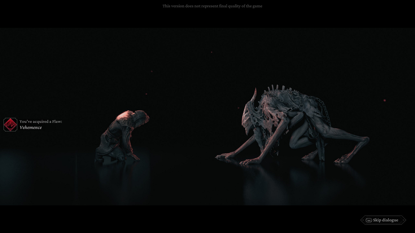 A screenshot of the game The Thaumaturge, showing the player character on his knees in front of a monstrous figure called a salutor.