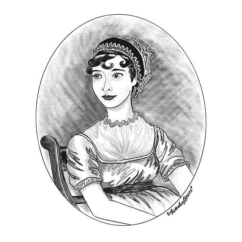 A digital drawing of Jane Austen; a digital painting of a raven that has dropped a mask while flying through the night sky; a digital collage of several objects: Ink, a feather quill, a bust, a candle, a pair of glasses, a skull and a stack of books.