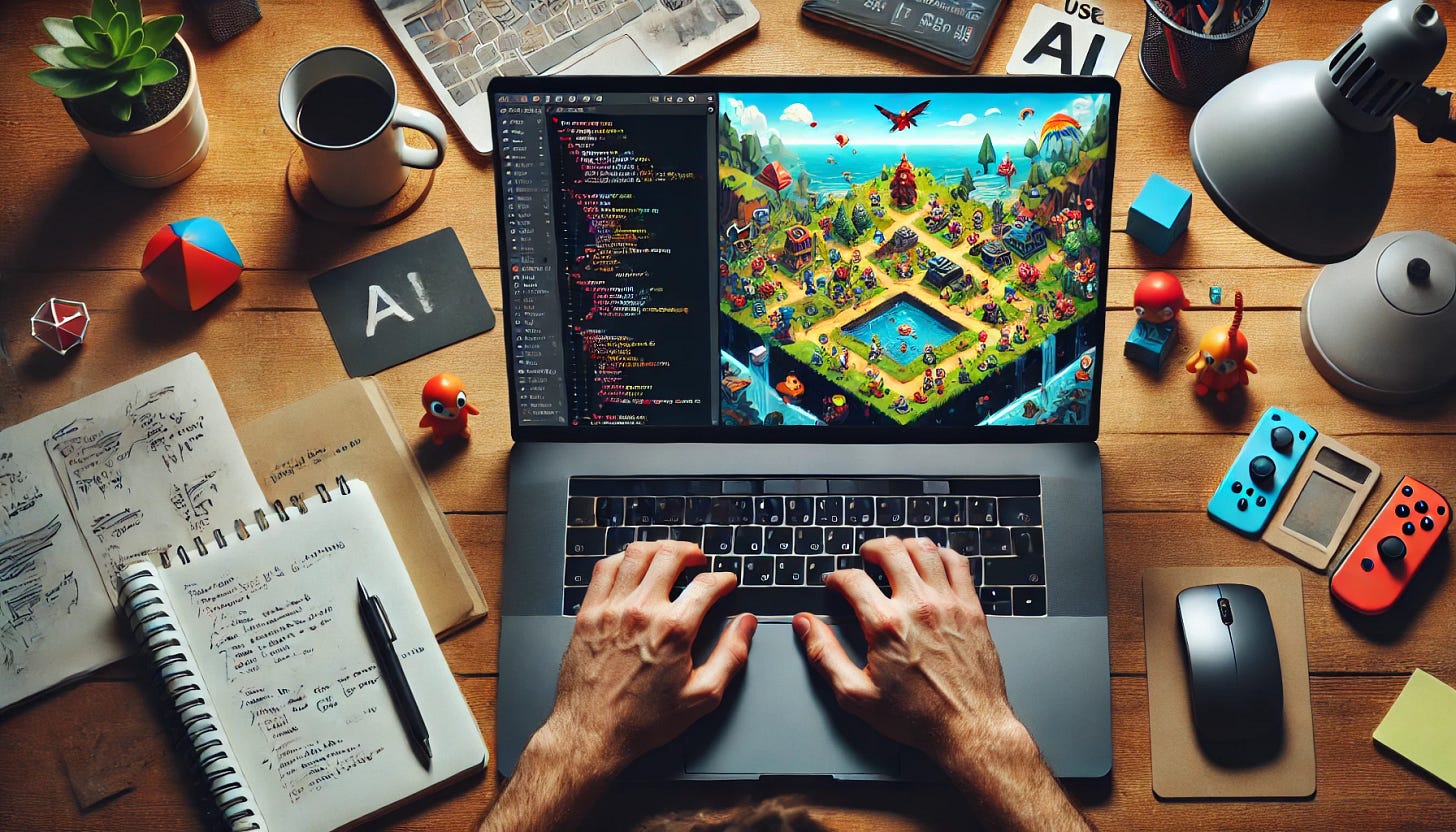 From the point of view of a person working on their laptop, developing a game using AI. The laptop screen is divided into two halves: the left side shows a code editor filled with lines of code, and the right side shows a game in development with colorful graphics and characters. The scene includes elements of a typical workspace like a coffee cup, notepad, and a pen on the desk. The image is in landscape mode. From the point of view of a person working on their laptop, developing a game using AI. The laptop screen is divided into two halves: the left side shows a code editor filled with lines of code, and the right side shows a game in development with colorful graphics and characters. The scene includes elements of a typical workspace like a coffee cup, notepad, and a pen on the desk. The image is in landscape mode.