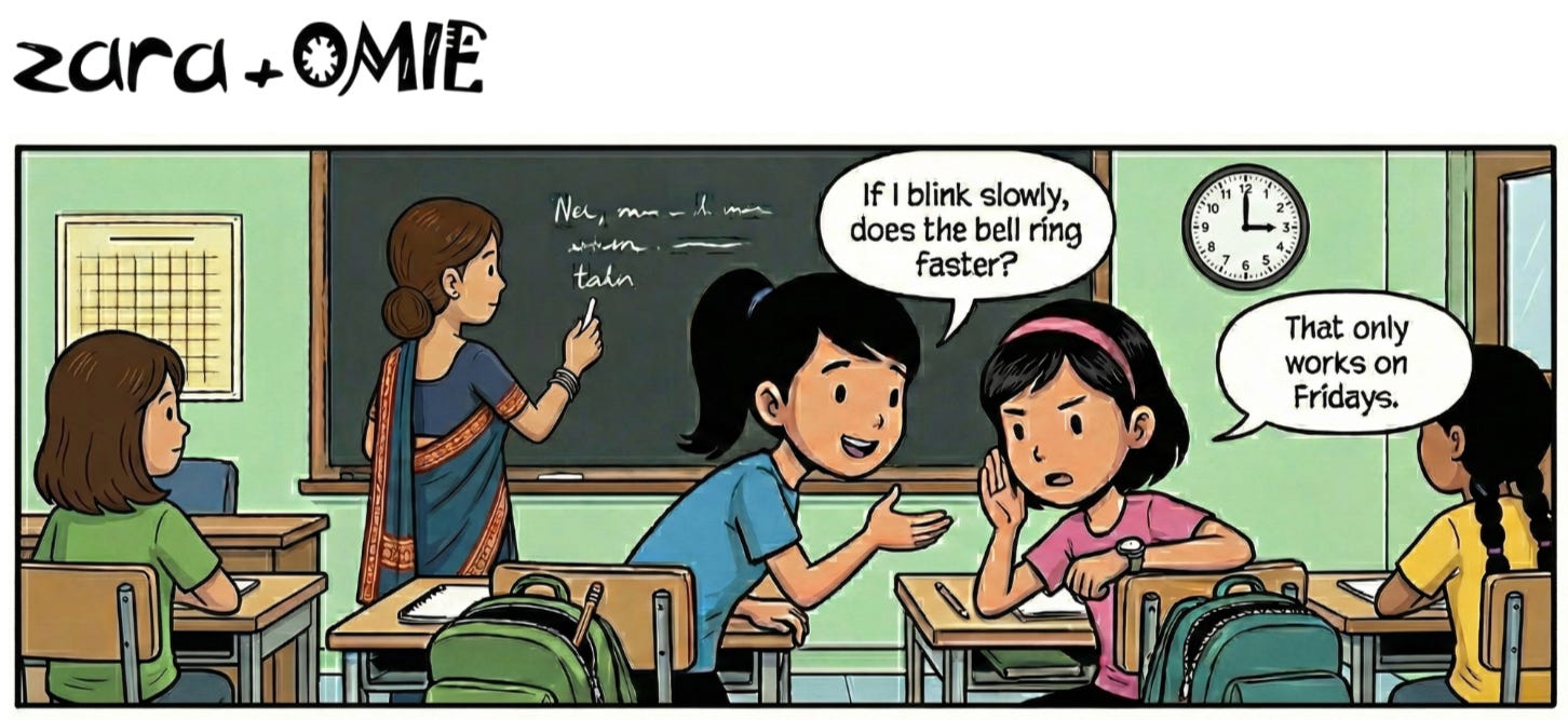 Zara and Aari whisper in class as they wait for the school bell before the Christmas break.