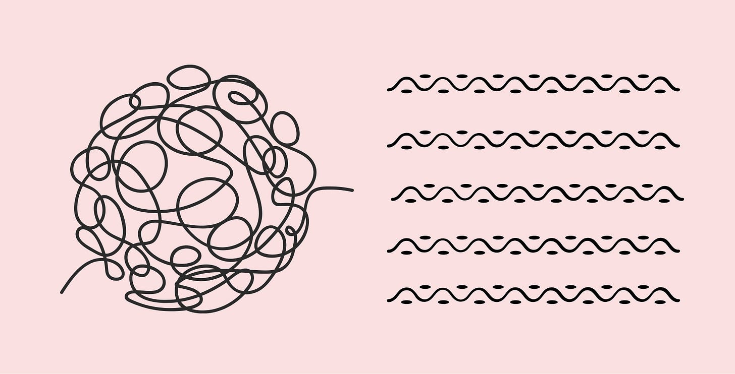 On the left, a circle of squiggly lines representing complexity. On the right, five organization graphic lines representing simplicity. On the left, a circle of squiggly lines representing complexity. On the right, five organization graphic lines representing simplicity.