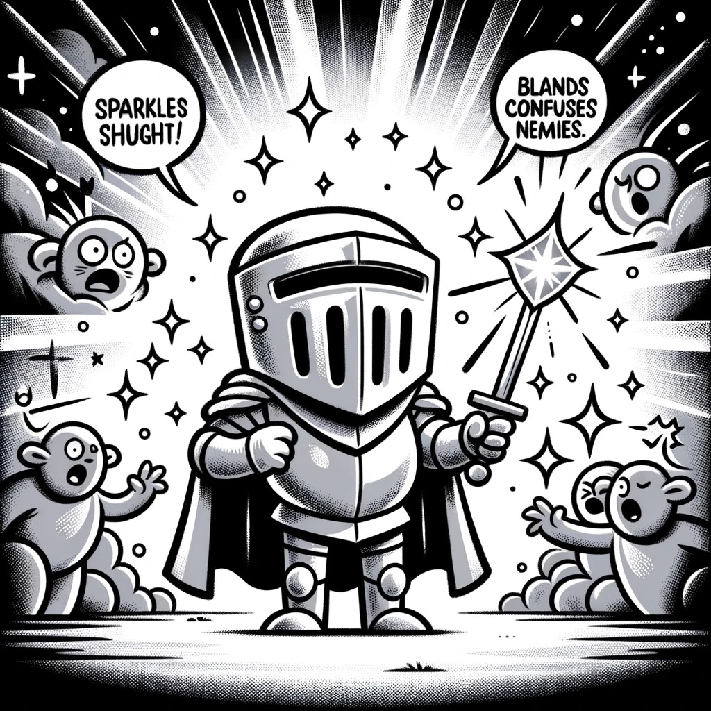 Illustration of a comical knight in a monochrome setting, using a 'magical' shield that sparkles so much, it blinds and confuses the enemies.