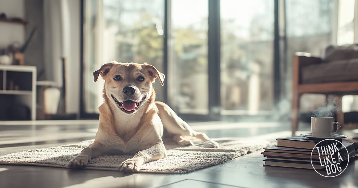 Smiling dog lounging on a sunlit rug, next to a stack of books and a steaming cup of coffee. A THiNK LiKE A DOG moment of wisdom, presence, and simple joy.