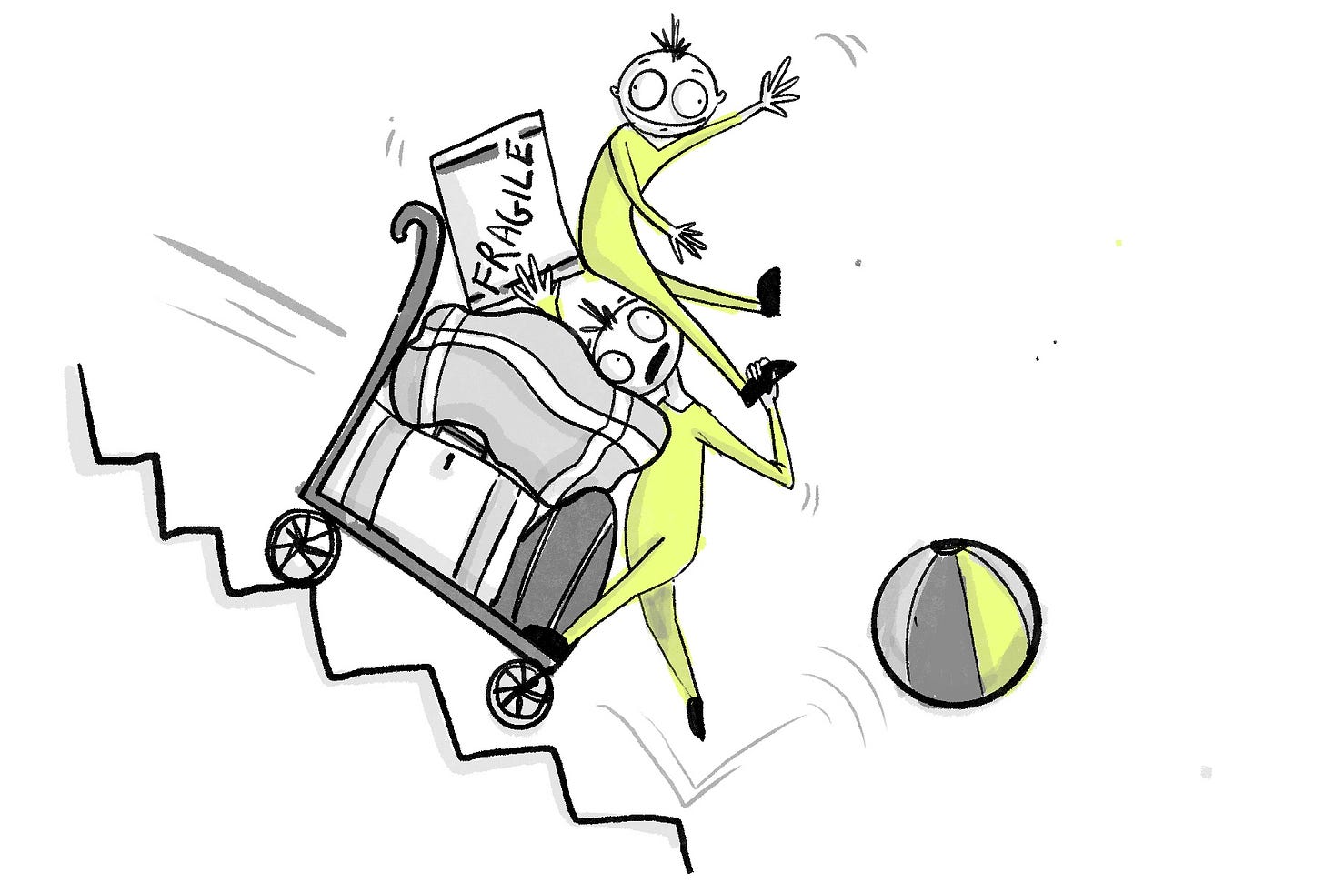 A drawing of two children sat on an overloaded trolley which is falling down some stairs