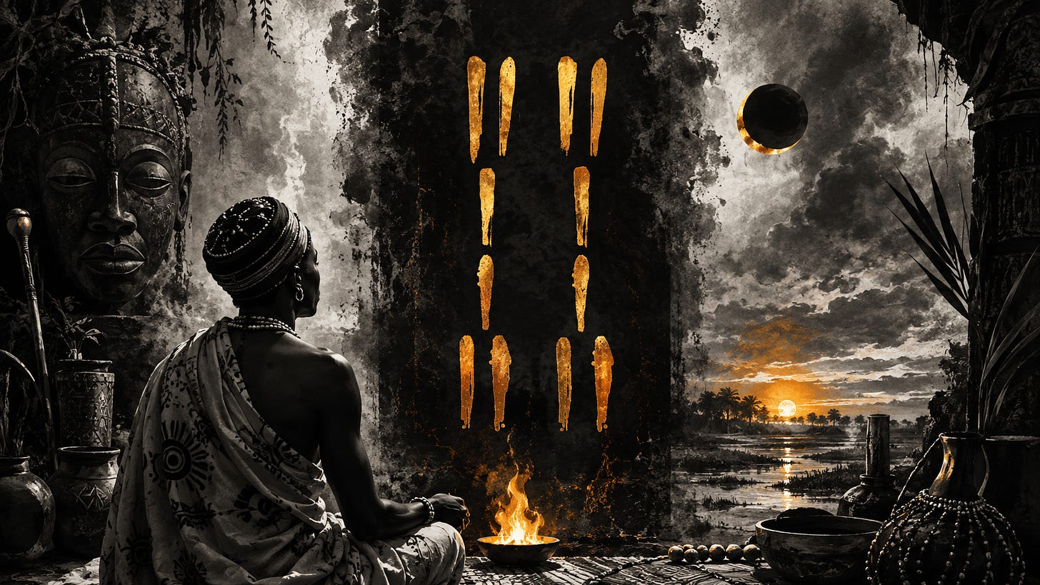 A 16:9 black-and-white spiritual illustration with golden highlights, showing a seated devotee in a shrine-like space facing the sacred sign of Odù Ìwòrì Méjì. The sign appears in gold above a small ritual fire, with carved figures, vessels, plants, a darkened moon, and a sunrise or sunset landscape symbolizing inner sight, Orí, fire, patience, and hidden wisdom. A 16:9 black-and-white spiritual illustration with golden highlights, showing a seated devotee in a shrine-like space facing the sacred sign of Odù Ìwòrì Méjì. The sign appears in gold above a small ritual fire, with carved figures, vessels, plants, a darkened moon, and a sunrise or sunset landscape symbolizing inner sight, Orí, fire, patience, and hidden wisdom.