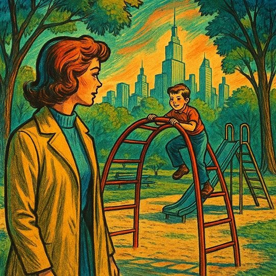 a mom watching her son on the playground in a big park surrounded by trees, city skyline in the distance,1960s sci-fi color drawing.