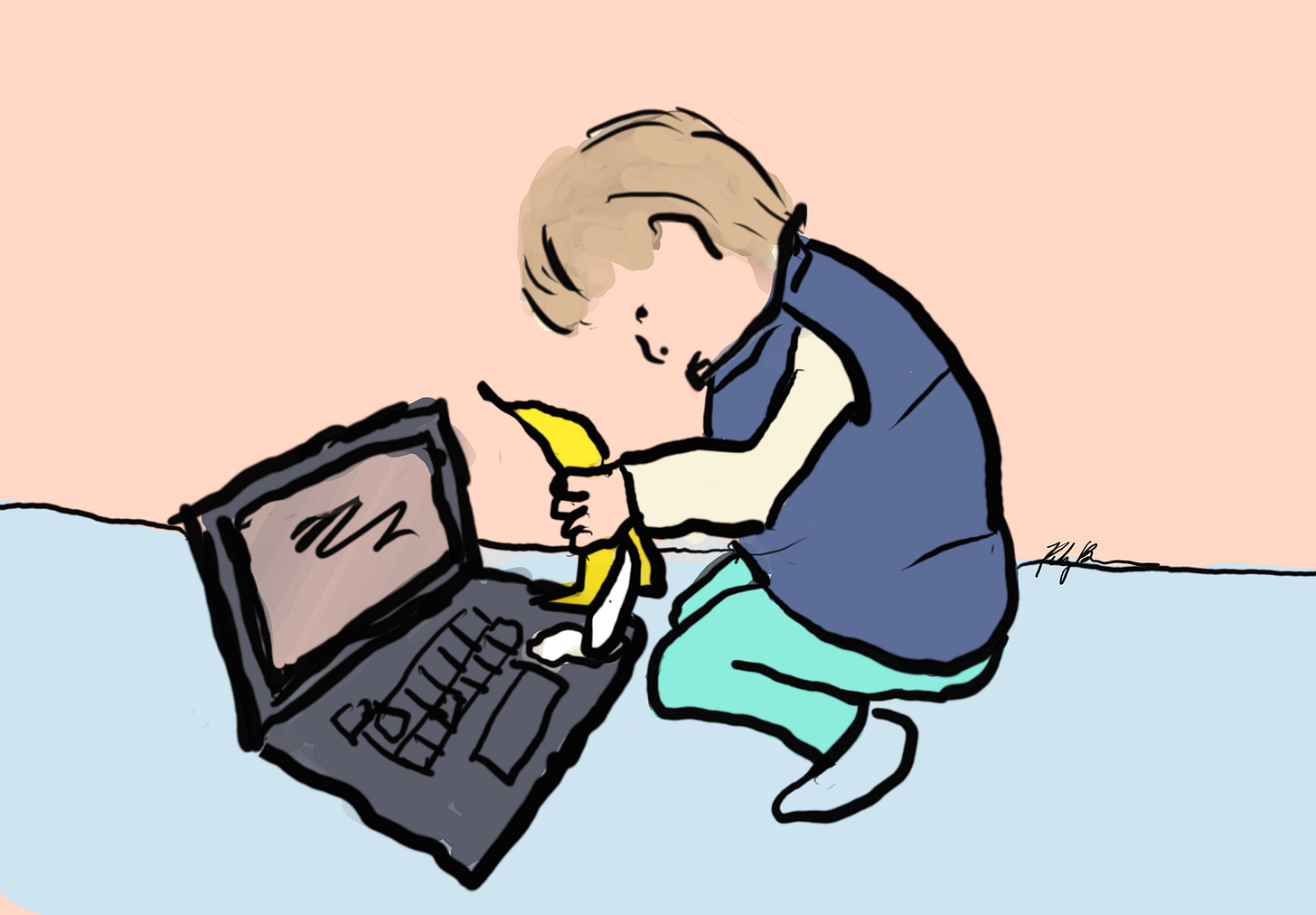 Drawing of a toddler mashing a banana into a laptop