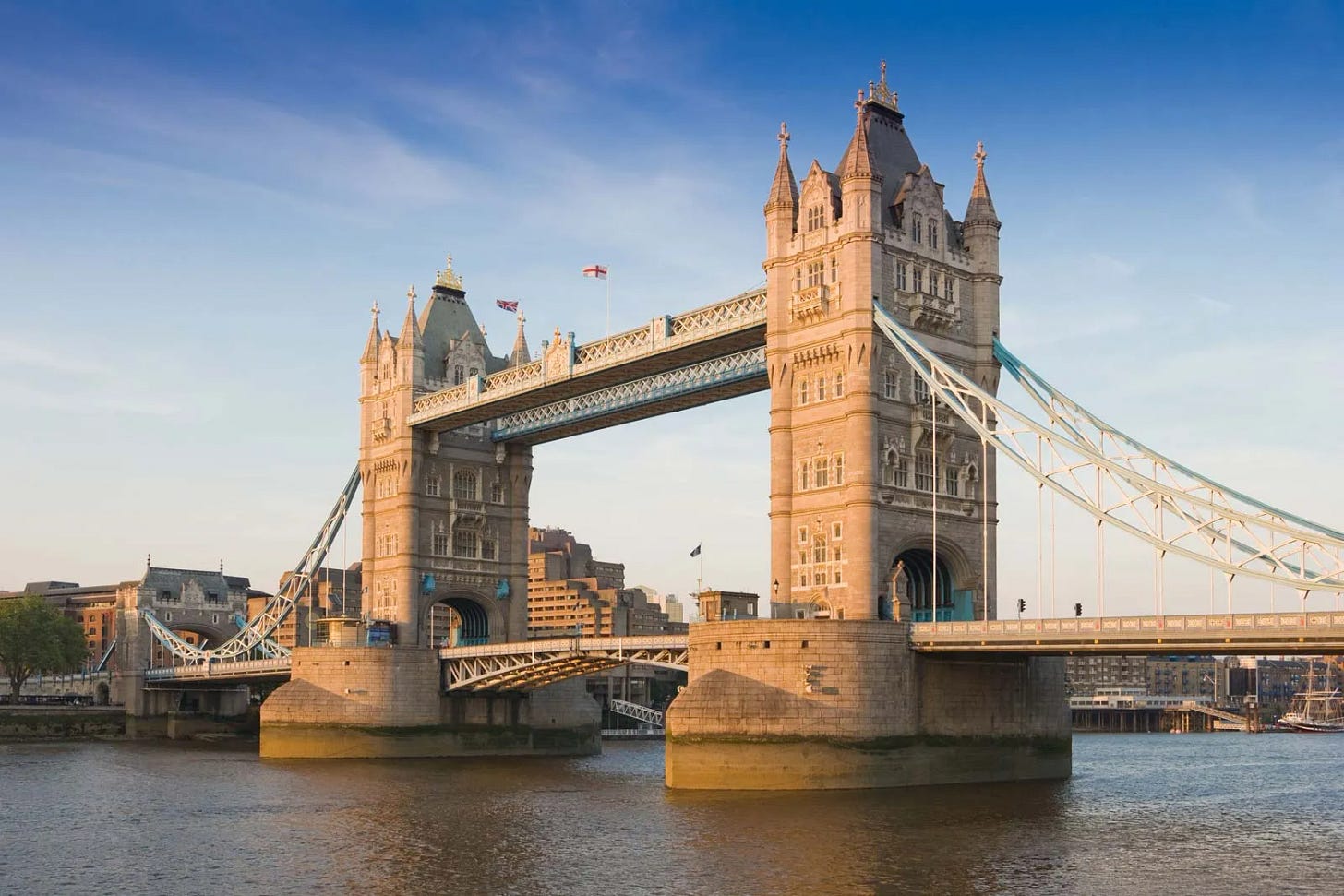 Tower Bridge on a sunny day, overlooking the Thames