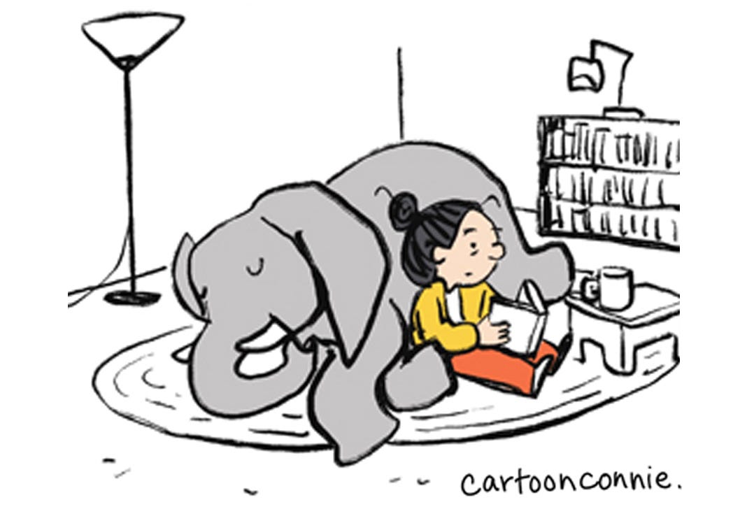 Illustration of a girl with a bun reading a book next to a resting elephant. Original art by Connie Sun, cartoonconnie, 2026.