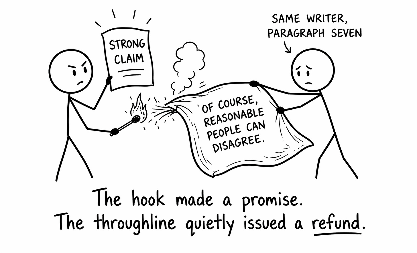 Black-and-white whiteboard sketch comparing two approaches to newsletter writing. Left panel shows flat equal bar charts labeled 'Same Speed' with a relaxed running stick figure. Right panel shows rising bars labeled 'Acceleration' with a forward-leaning figure and widening footprints. Illustrates throughline momentum and paragraph energy in Substack newsletter writing.