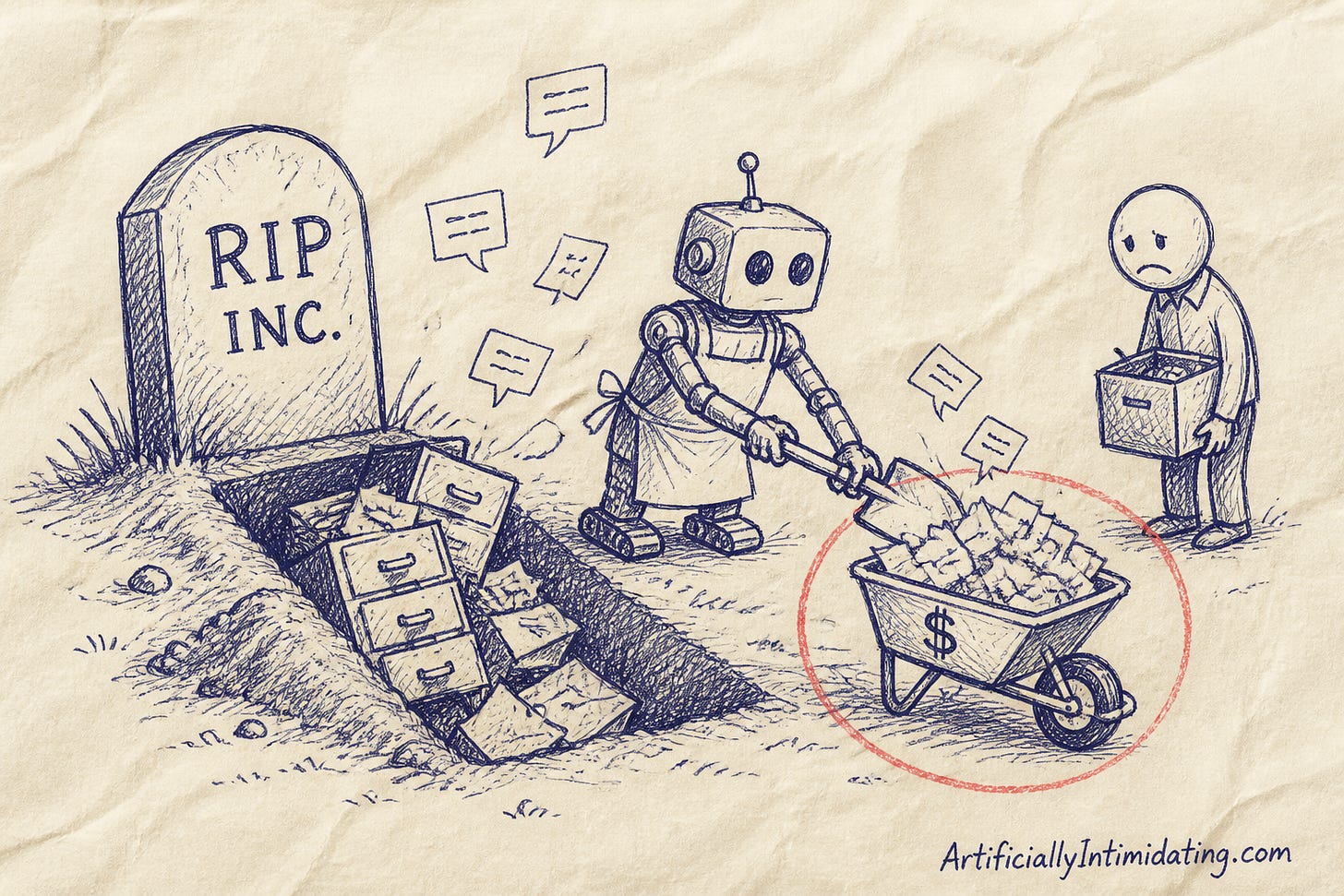 A small robot in an apron shovels spilled filing drawers and chat-bubble papers from an open grave beside a tombstone reading RIP INC. into a wheelbarrow marked with a dollar sign, while a sad former employee holding an empty cardboard box watches.