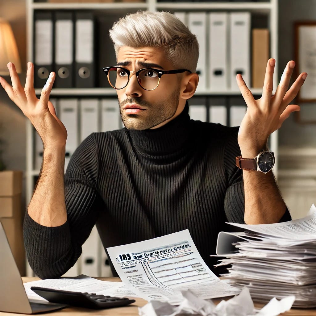 A white male tax professional in his late 30s with short platinum blonde hair, wearing tortoiseshell glasses and a black turtleneck, sitting at a desk cluttered with tax documents and a laptop. He has a bewildered expression, raising his hands in frustration while looking at IRS paperwork. The background features a bookshelf with tax law books and a calendar marked with deadlines. The setting is a professional office with warm lighting.