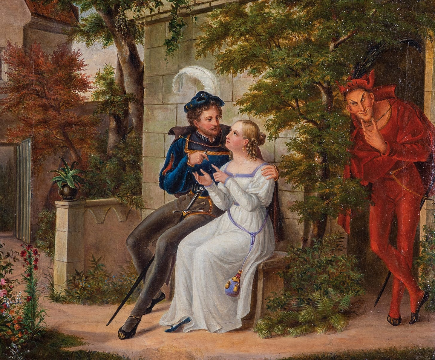 Artwork by German School, 19th Century, Scene with Faust, Gretchen and Mephisto in the garden, Made of Oil on canvas