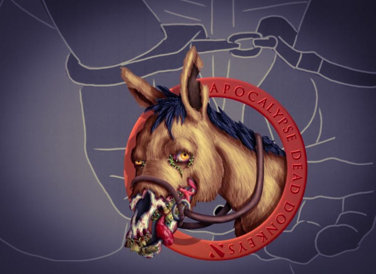 Image of a donkey deccaying set over hands cuffed Image of a donkey deccaying set over hands cuffed