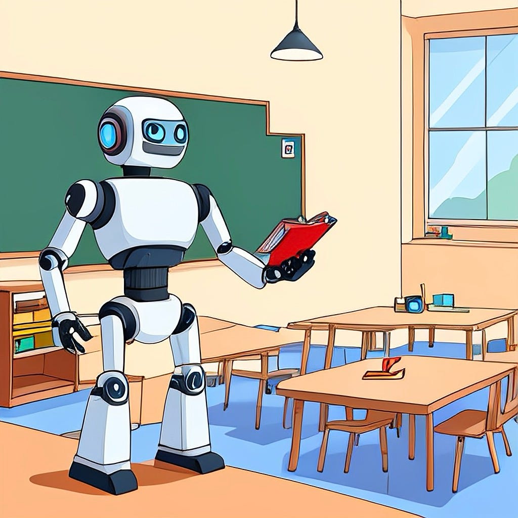 An illustration of a robot teacher reading from a book in a cartoonish classroom