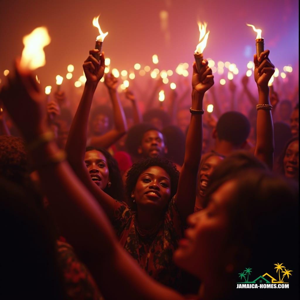  A vibrant Jamaican dancehall crowd with expressive faces holds lighters aloft, bathed in neon lights. A performer sings to mothers on stage. Cinematic film still, shot on v-raptor XL, 35mm film, with film grain, vignette, color graded, post-processed, cinematic lighting, live-action, best quality, atmospheric, lively, colorful, energetic, emotional, a masterpiece, epic, stunning, dramatic.