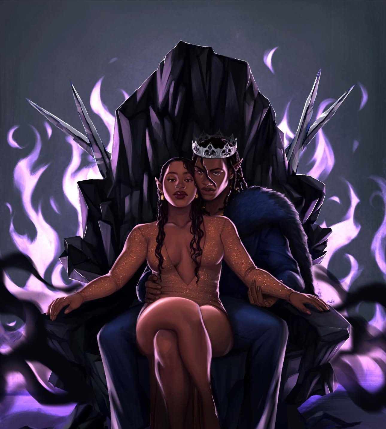 Kadeesha and Malachi, the protagonists in OUR VICIOUS OATHS. Malachi is seated on an onyx throne with Kadeesha on his lap