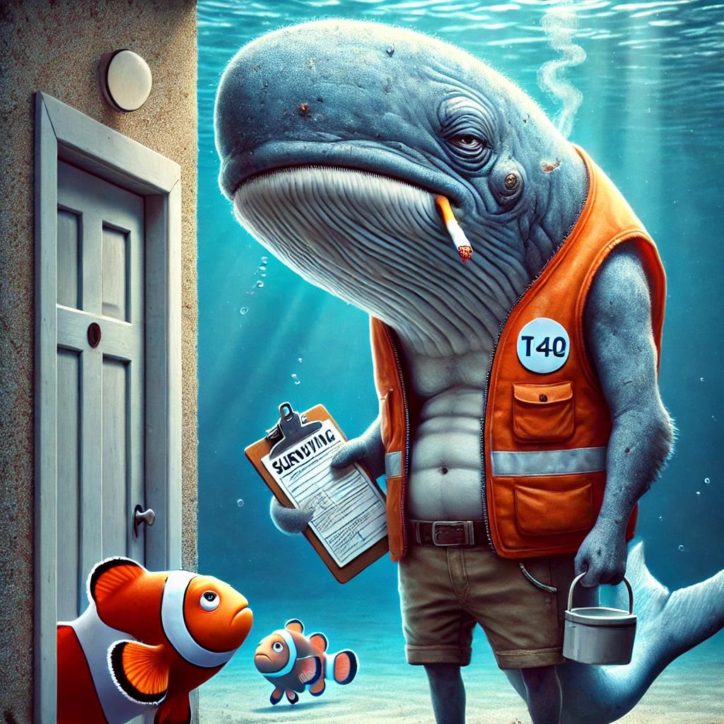 An underwater scene featuring a mid-40s, worn-out whale going door-to-door with a clipboard, surveying. The whale has a cigarette in its mouth and a five o'clock shadow, looking tired and somewhat washed-up. He is wearing a bright vest, contrasting with his worn-out appearance. The whale is talking to a clownfish father, whose face is replaced with a clown emoji. The clownfish father stands at the door of his underwater home, appearing confused as he interacts with the whale. The ocean background is deep blue with soft light filtering through, giving a calm yet quirky vibe.