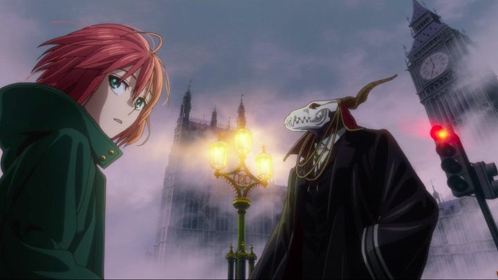Brilliant backgrounds from the Magus Bride anime. The first is Chise standing in a lit forest of fairy lights. The second is a pretty gangster-looking Elias and Chise in front of ominous and misty backdrop of Big Ben.