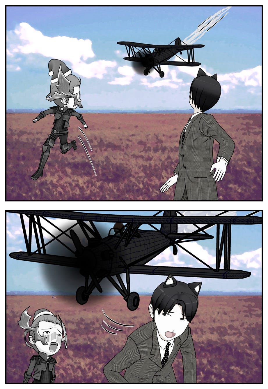 The approaching small aircraft suddenly swoops down at Mouse and Ace.