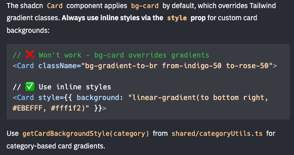 Code snippet from Karo’s Product with Attitude explaining shadcn Card gradient rules and inline style fix.