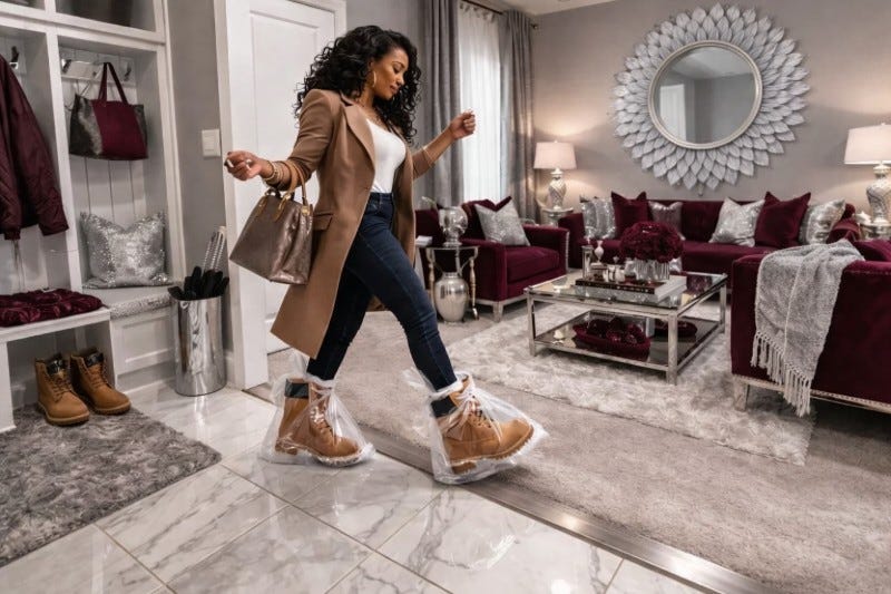 Black woman in tan coat and purse walks from mudroom to carpeted living room with plastic bags on her winter boots. Furniture is a mix of maroon, silver and gray.