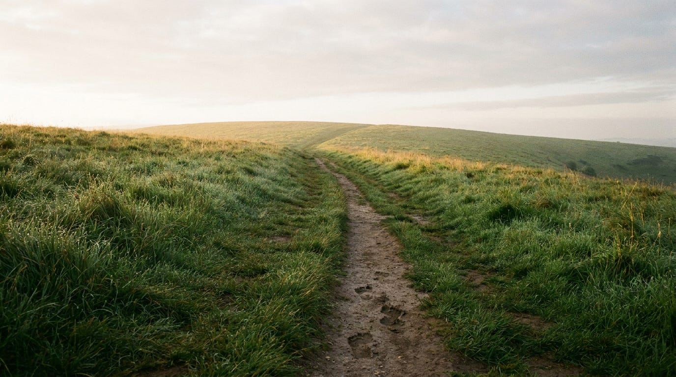 A worn footpath winding up a grassy hill at dawn, a single set of footprints continuing over the crest into bright open sky