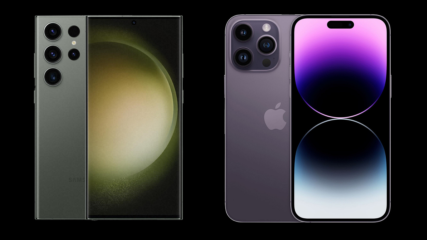 Front and back views of the Galaxy S23 Ultra next to the iPhone 14 Pro Max Front and back views of the Galaxy S23 Ultra next to the iPhone 14 Pro Max