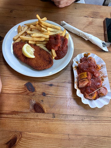 Beers on the go, some delish döner kebab, currywurst, a Berliner donut, and the best wiener schnitzel I've ever had!