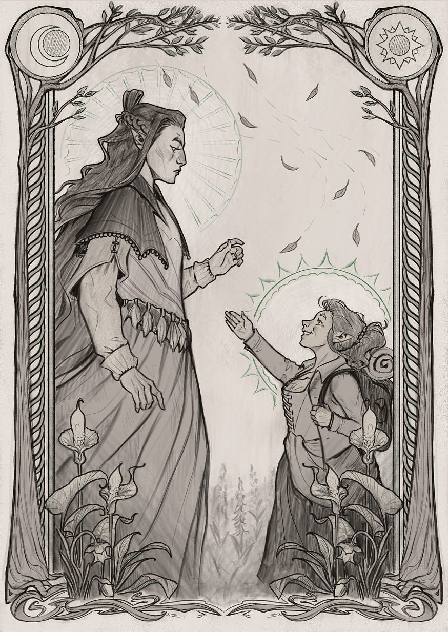 An elf looks down disdainfully at a very enthusiastic and cheerful shireling (a short woman not unlike a Hobbit). The scene is in a sketch style and bordered by decorative trees and moons.