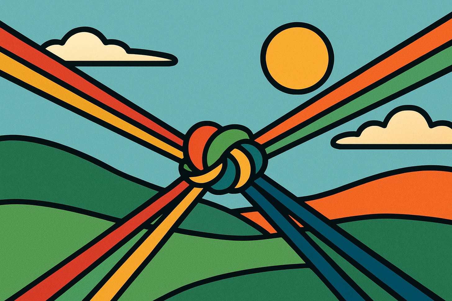 Flat vector art of several vibrant strings tied together to symbolize friendship in a serene mood.