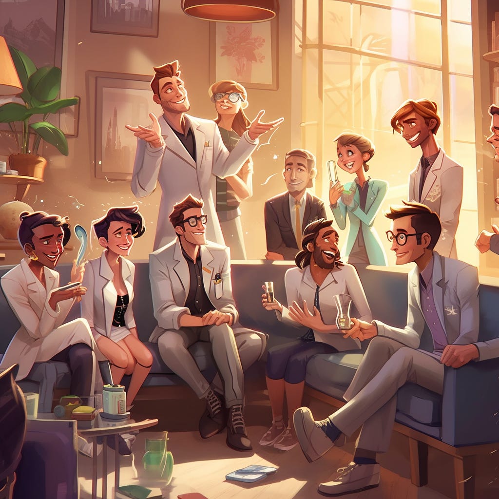 a group of gorgeous doctors having a cheerful discussion, having a great time, pixar style, some of them are more formal than other, all kinds of ages and genders, hyperdetailed, bright environment, nice lounge, high resolution, cinematic style, full detailing