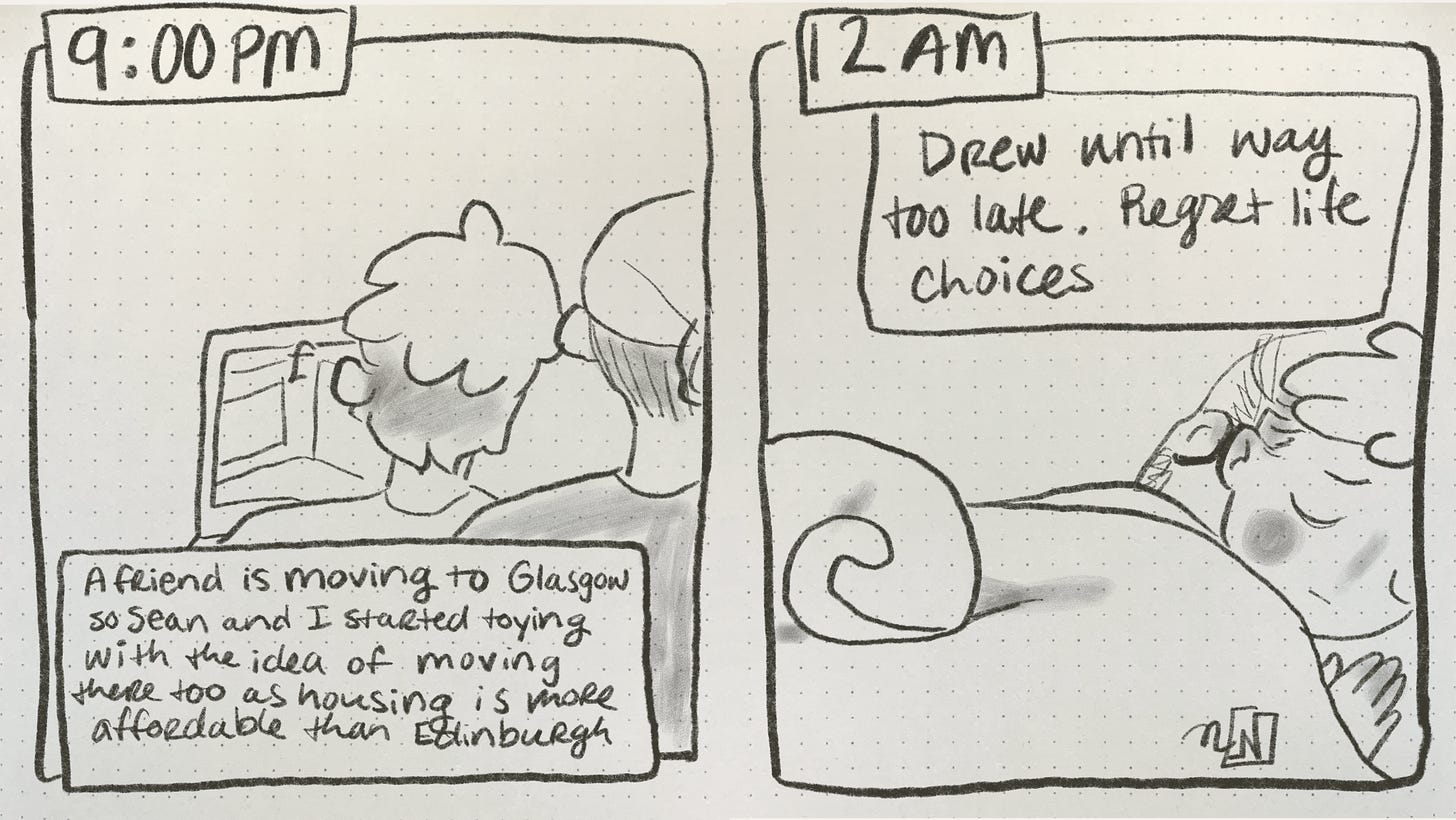 A 2 panel comic. 1st panel says “9pm A friend is moving to Glasgow so Sean and I started toying with the idea of moving there too as housing is more affordable than Edinburgh.” Shows a couple sitting with their back to the camera looking at a computer screen together. 2nd Panel: shows the couple sleeping with a cat resting on Nicki. The panel says “12am. Drew until too late. Regret life choices.”