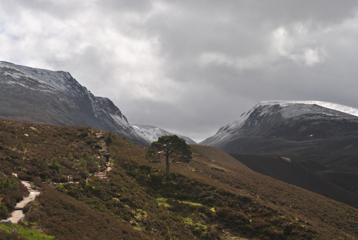 gap between craggy hills, cloudy, snow high up