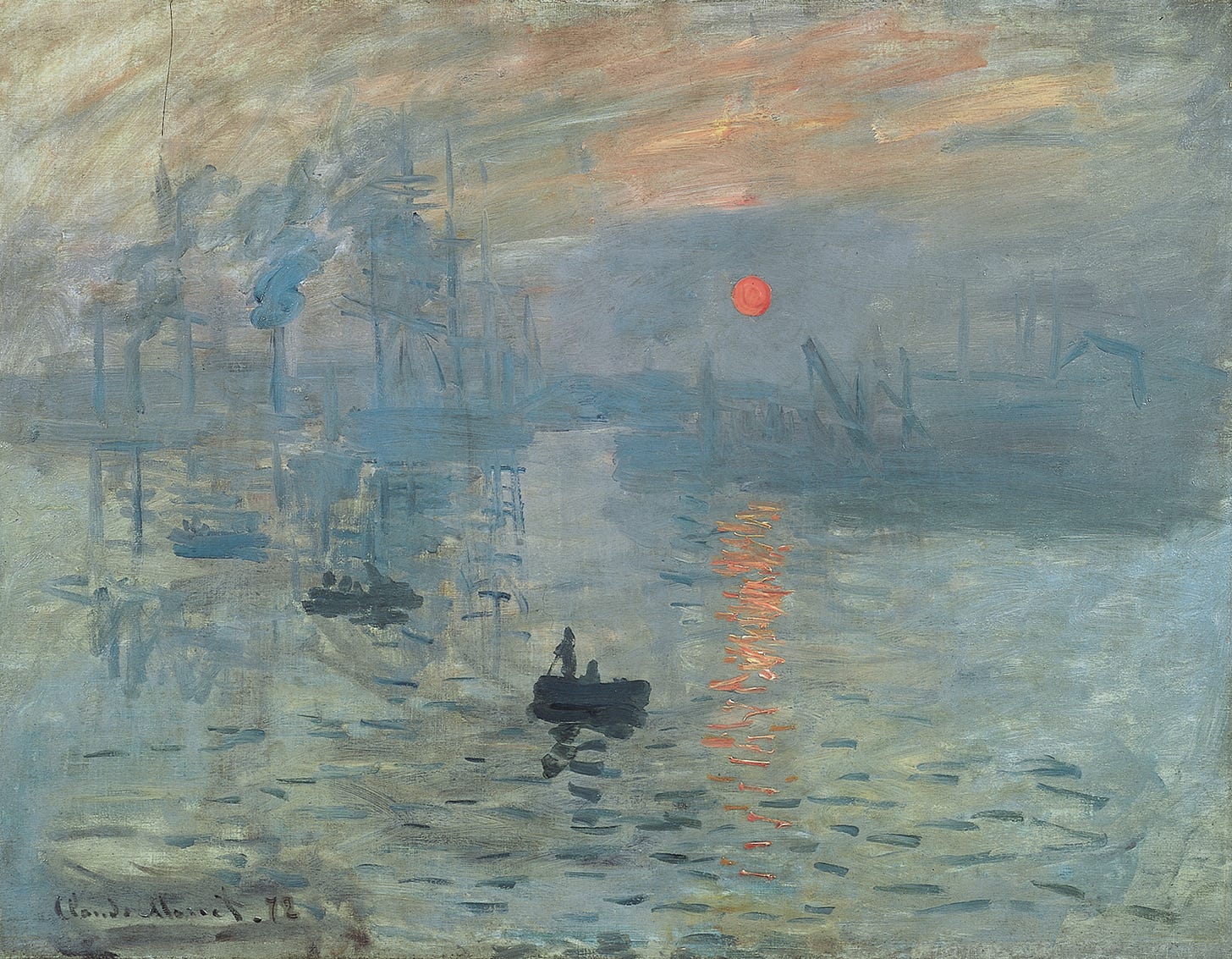 Painting of a hazy harbor scene at sunrise showing small boats on rippling water, distant ships and masts in blue mist, and a bright orange sun casting a vivid reflection. Its style doesn’t aim for hyperrealism, but for giving an impression of the scene. _Impression, Sunrise_ by Claude Monet via [Wikipedia](https://en.m.wikipedia.org/wiki/Impressionism#/media/File%3AClaude_Monet%2C_Impression%2C_soleil_levant.jpg)