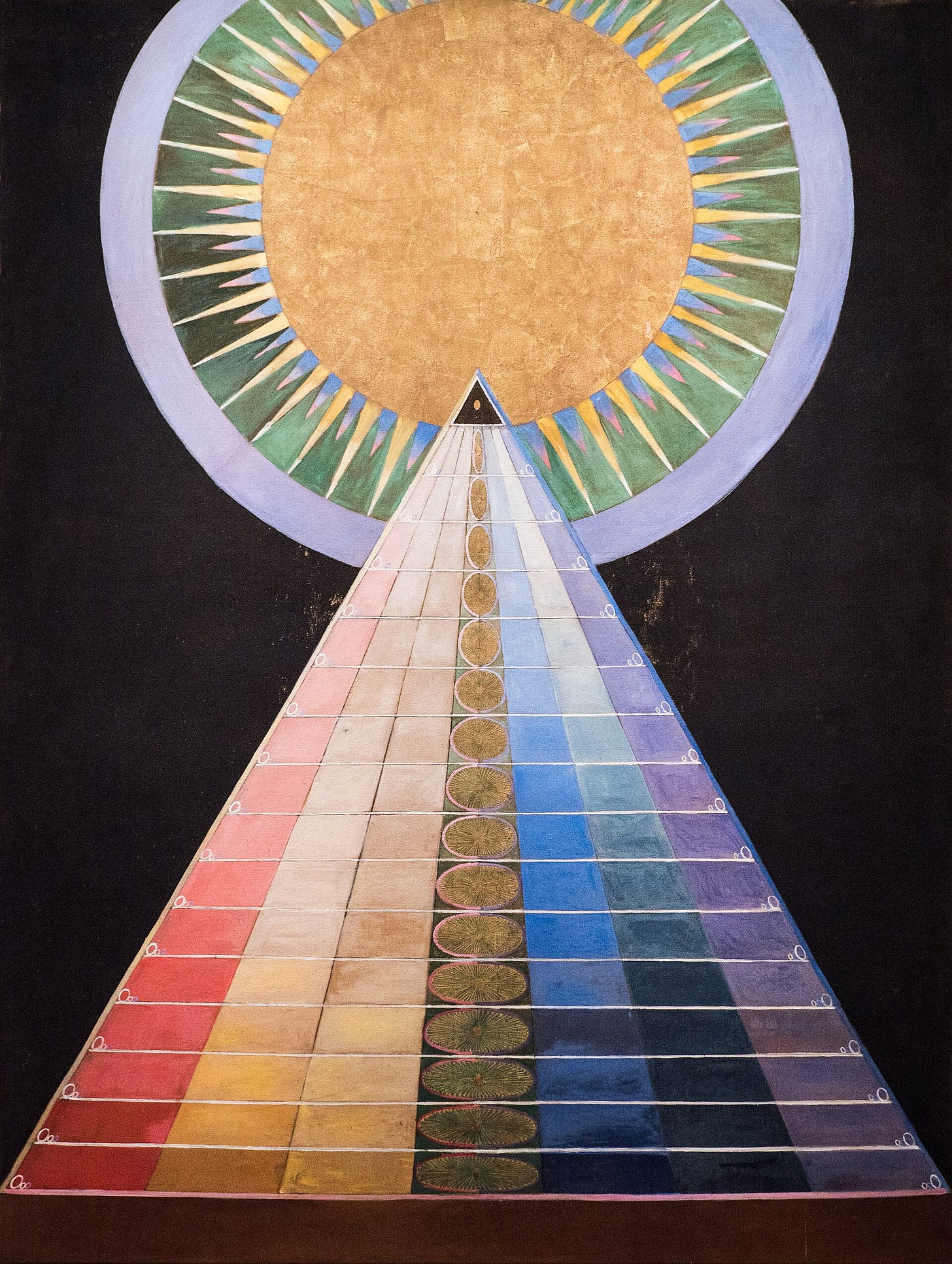 Tall abstract painting with a dark ground, a stepped triangle of colored bands rising toward a large gold disc. Tall abstract painting with a dark ground, a stepped triangle of colored bands rising toward a large gold disc.