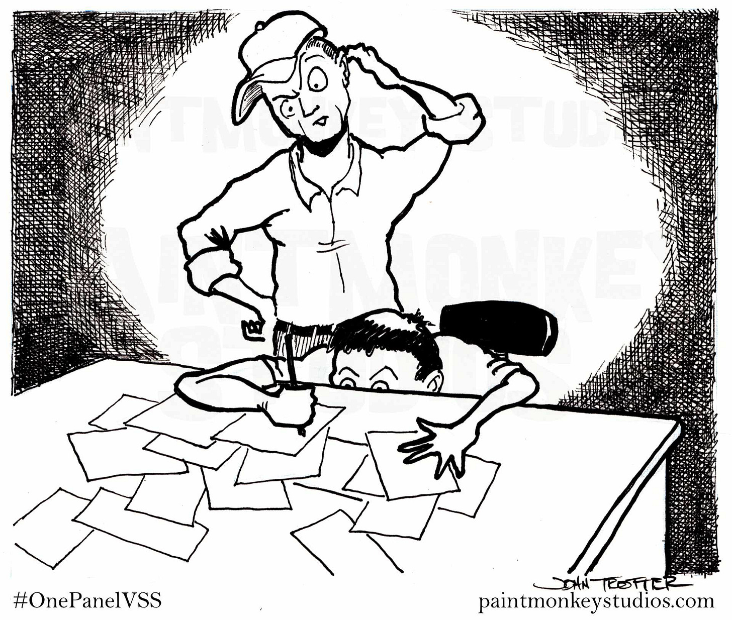 Ink drawing oa persone writing furiously on paper scattered across a desk while another person looks over their shoulder scratching his head.