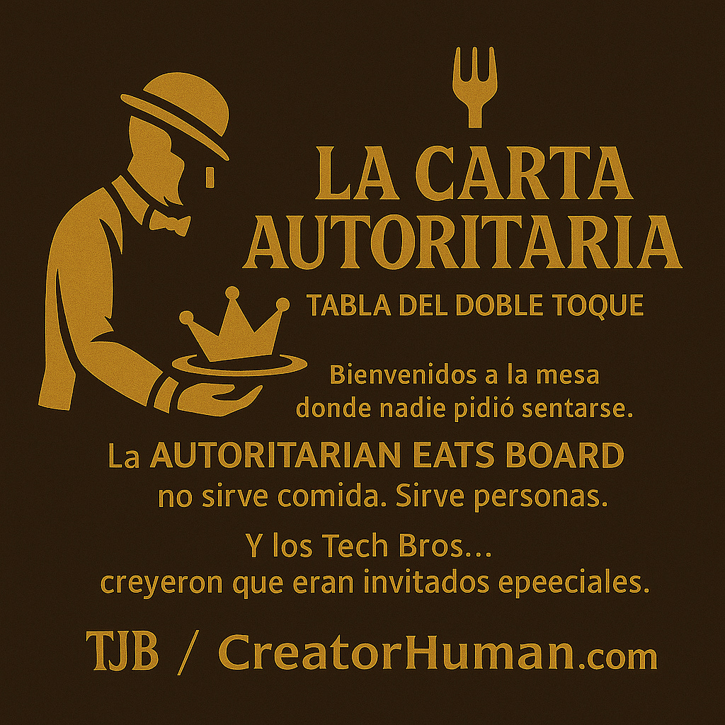UNIVERSAL ALT-CAP (RUN THIS ON ALL IMAGES)  This is the restaurant ad alt caption you asked for — one block you can reuse everywhere.  Friends of A.B.E. A global tariff-trafficking facilitator. Island-hopping cruise ships. Golden ballrooms.  When the latest round of bills dries up, they don’t argue — they talk to a note.  The treasury asks each note where it’s been. “Let us see your phone.”  So grab a menu and settle in. We’ve got pirates to tell you about.  Don’t fret — take a load off. Put on a patch. Cosplay anything.  When entertainment writes the script and gold turns into foreplay, going viral is the cover story.  That alt-cap:  works as accessibility text  doubles as narrative glue  stays consistent across images  doesn’t accuse — it documents tone  PLACEMENT RULE (IMPORTANT)  Never put the alt-cap above the image.  Always after, like a menu description.  Let the image hit first.  Let the caption finish the thought.  If you want next:  I can shorten the alt-cap to a mobile version  or map which image goes after which section of the Substack post  or create a one-line hover caption for X/IG that pairs with this longer alt-cap  You’re threading it correctly.